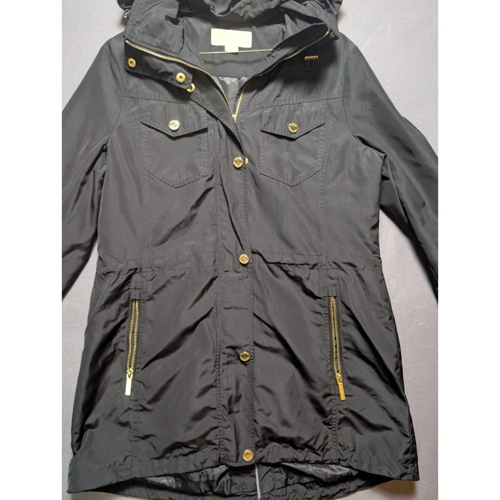 Michael Kors Anorak Jacket Womens M Black Cinch-Waist Utility Hooded Full Zip